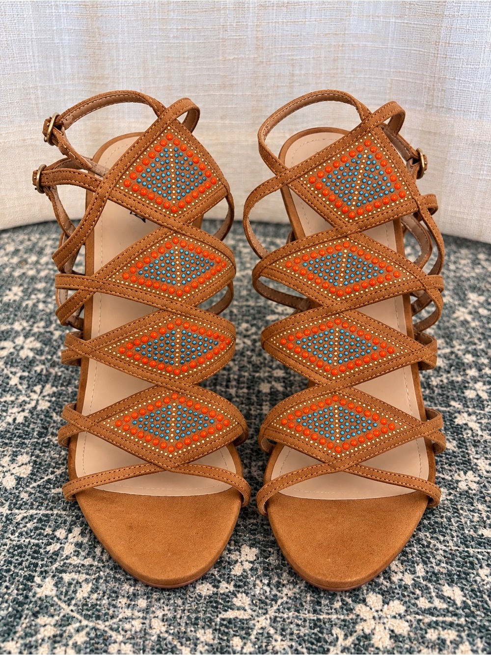 JUSTFAB: Camel Beaded Strappy Sandals- Women's Brown Suede Heels
